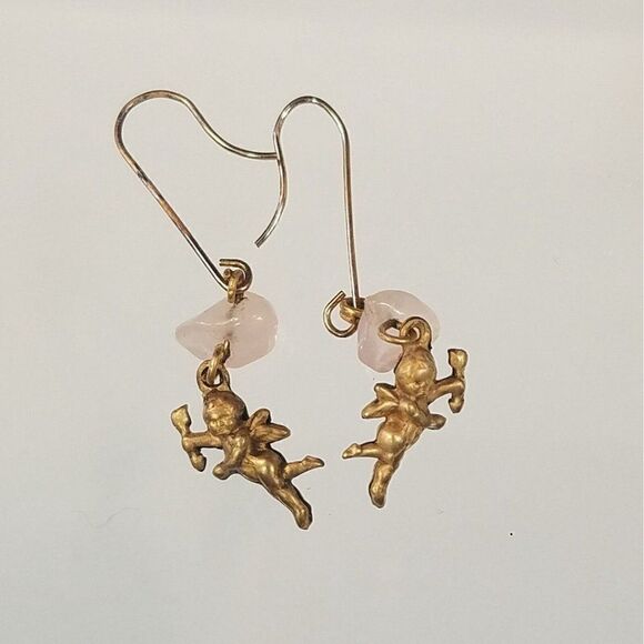 Vintage Cupid With Arrow Earrings Tiny Dangling Cherub With Pink Stone - Picture 4 of 5